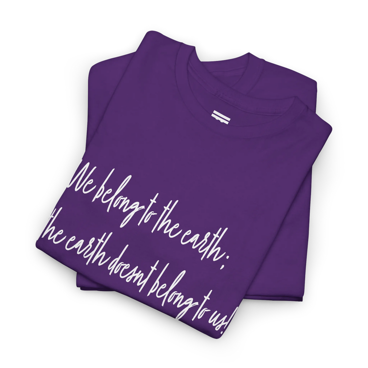 Purple cotton tee upper-chest and collar detail showing the ribbed neckline and partial white handwritten lettering.