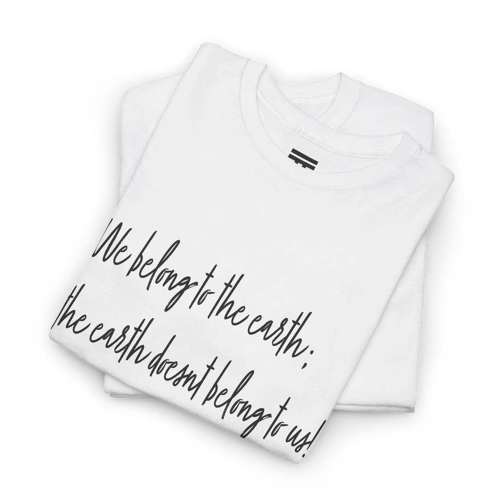 White cotton tee upper-chest and collar detail showing the ribbed neckline and partial black handwritten lettering.