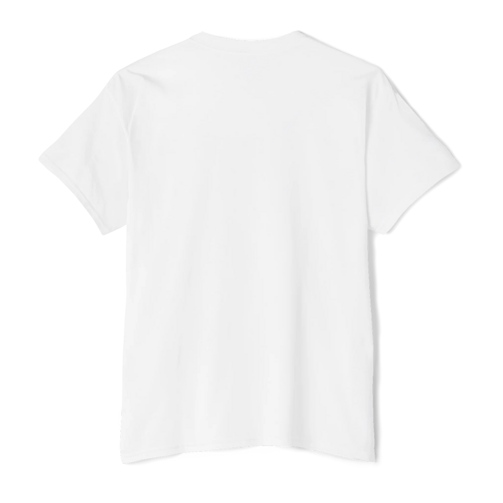 The plain back of a FREEBRD white classic cotton pocket t-shirt.