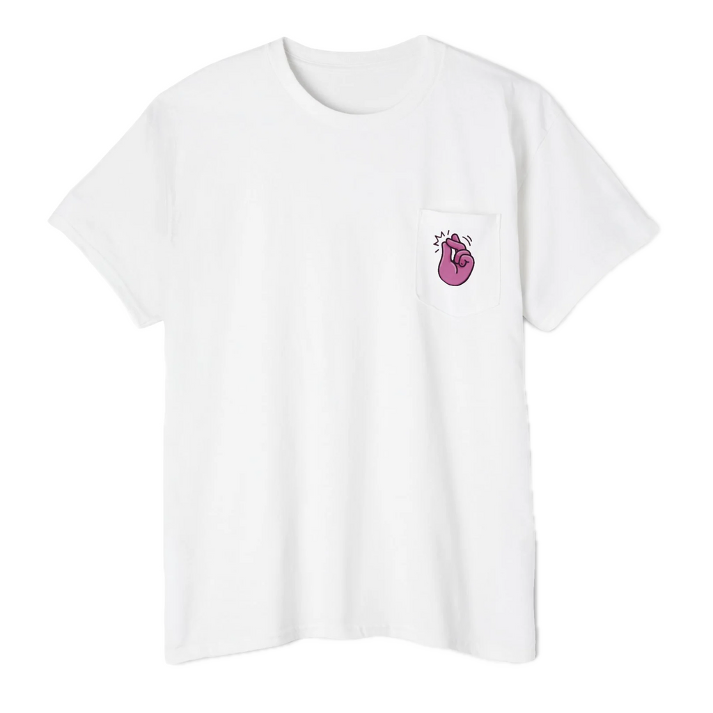 A FREEBRD white classic cotton pocket t-shirt with a baby pink cartoon finger-snap Clock It graphic printed on the front chest pocket.