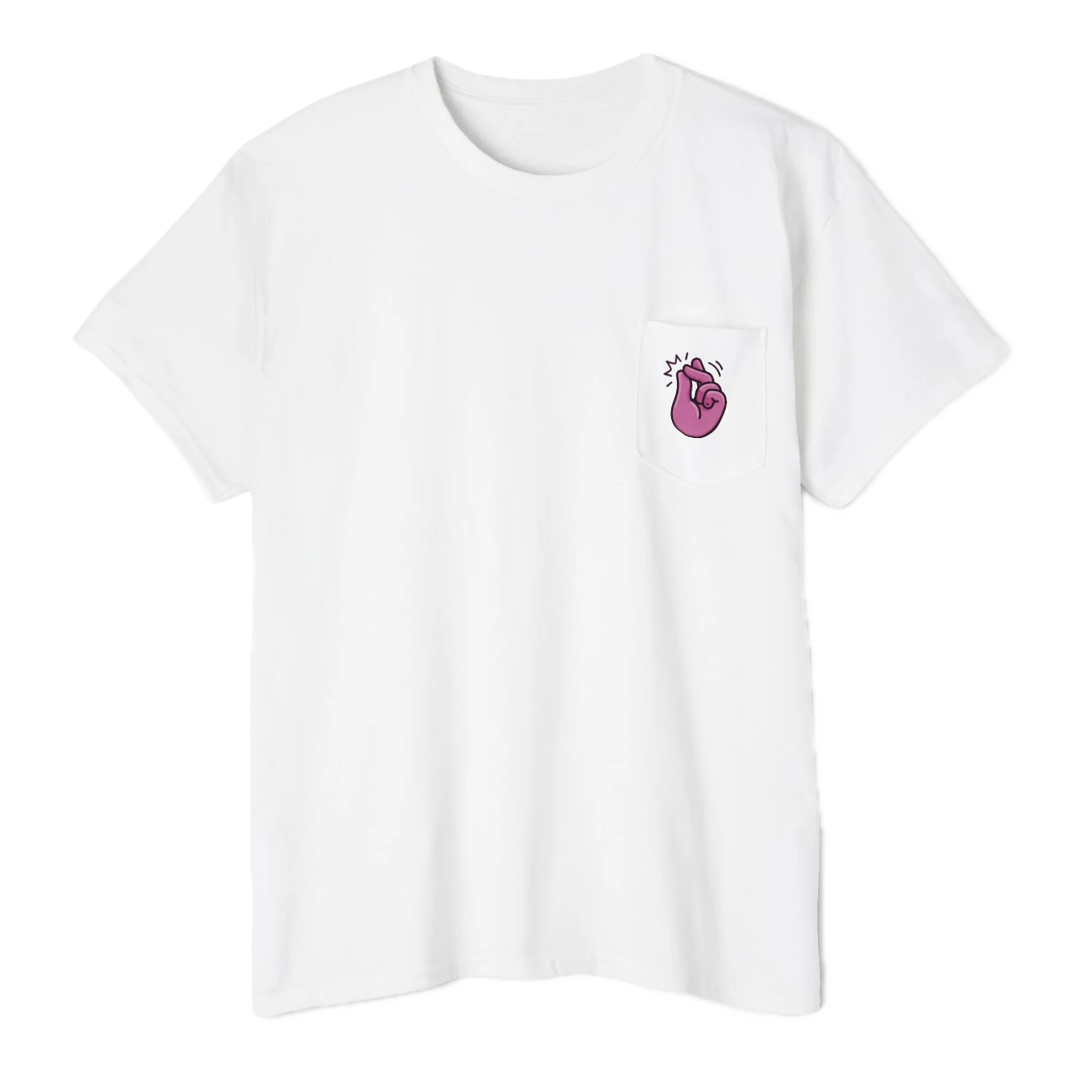 A FREEBRD white classic cotton pocket t-shirt with a baby pink cartoon finger-snap Clock It graphic printed on the front chest pocket.