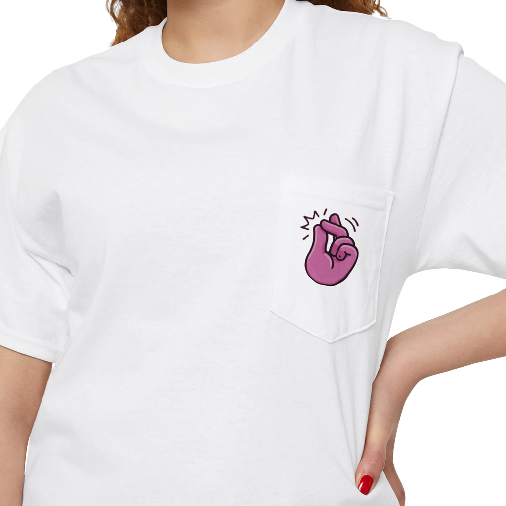 A person wearing a FREEBRD white classic cotton pocket t-shirt with a baby pink cartoon finger-snap Clock It graphic printed on the front chest pocket.