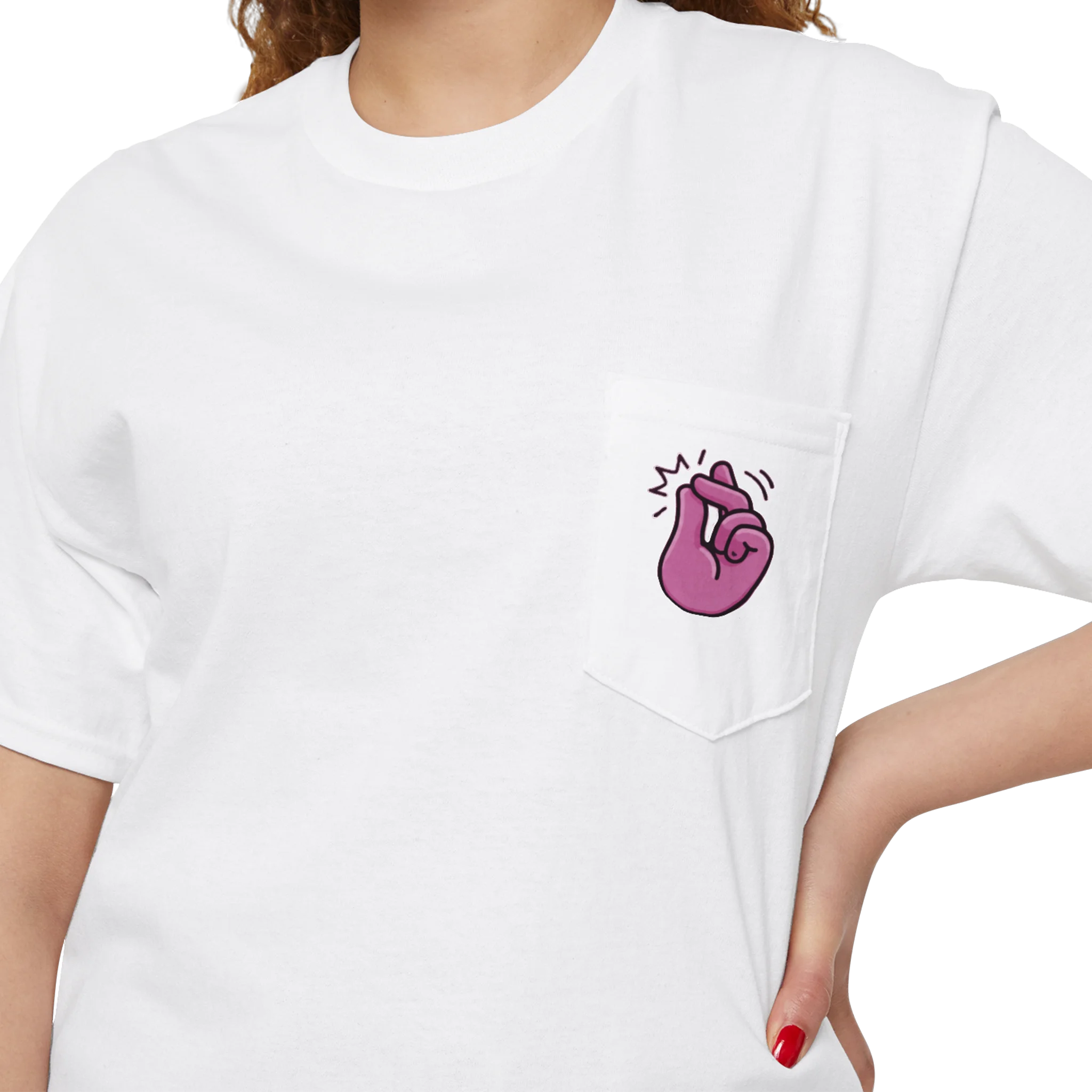 A person wearing a FREEBRD white classic cotton pocket t-shirt with a baby pink cartoon finger-snap Clock It graphic printed on the front chest pocket.