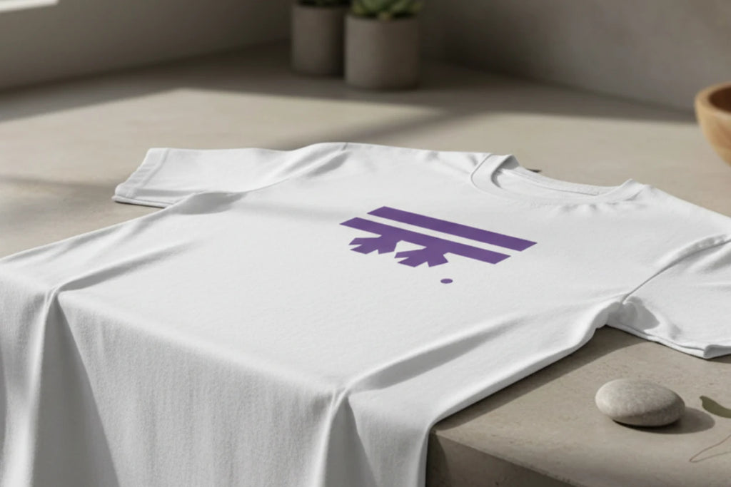 The Freebrd Logo Classic T-Shirt in white that has a purple Freebrd Logo on the chest, lying on a concrete counter with a stone for a soft-brutalist vibe. 