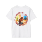 A white t-shirt featuring a capybara on a treadmill graphic with red Ditch The Default Intensity circular text on the back.