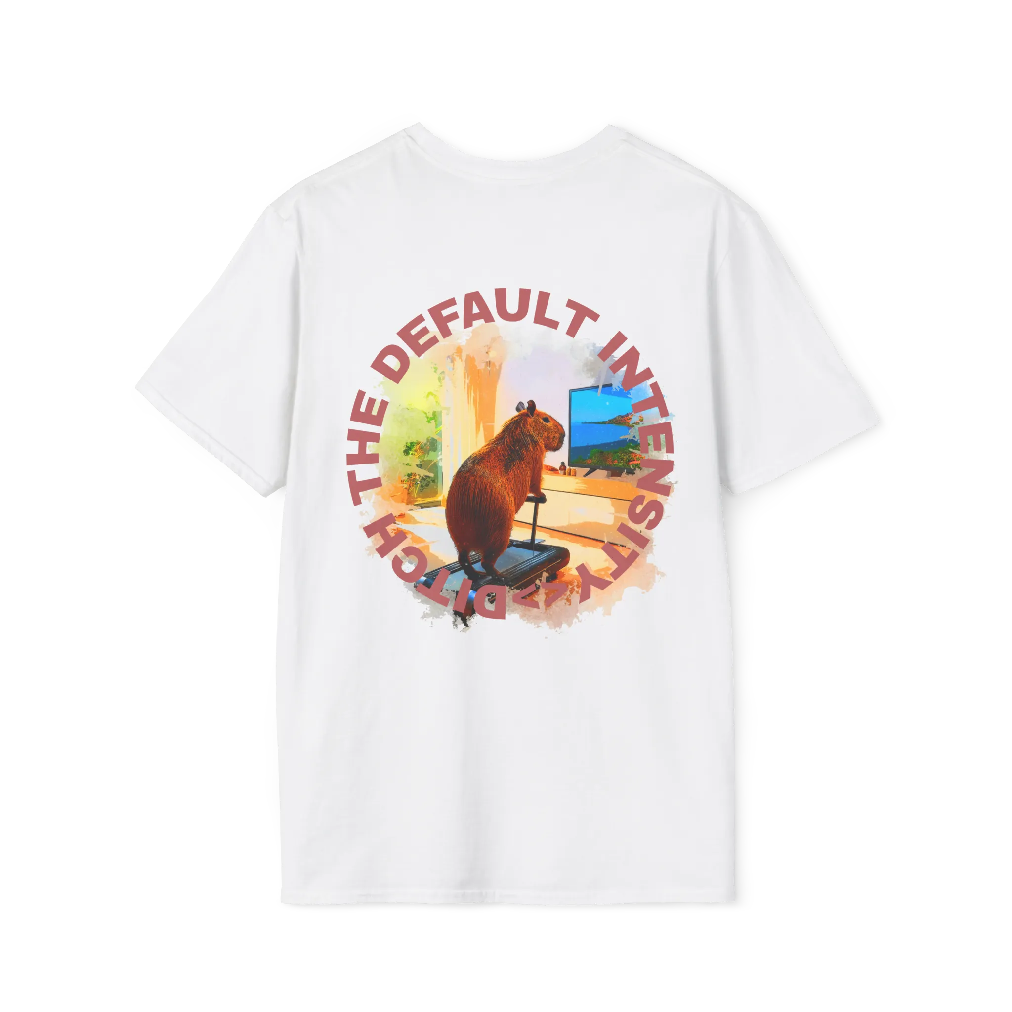 A white t-shirt featuring a capybara on a treadmill graphic with red Ditch The Default Intensity circular text on the back.