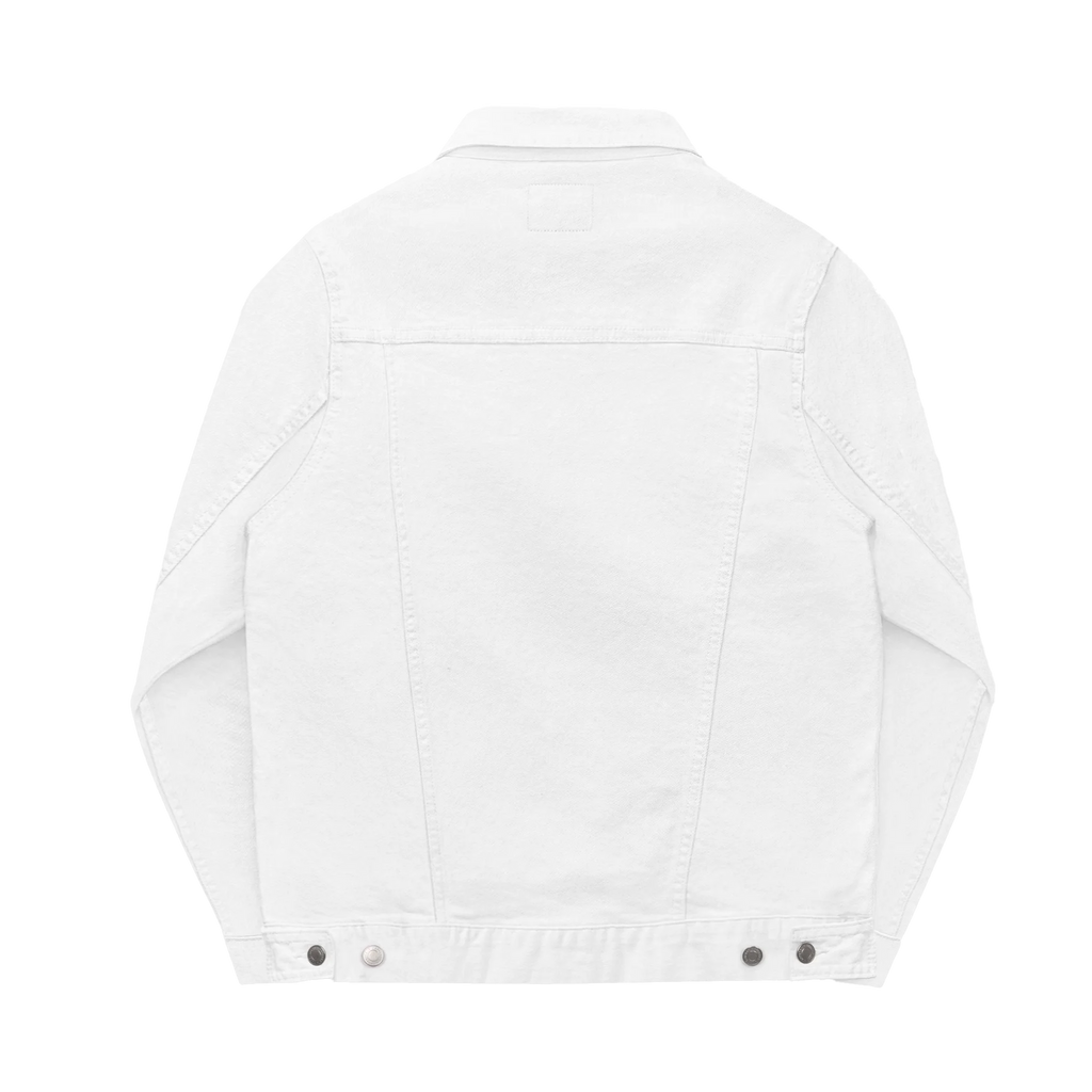 White denim trucker jacket, embroidered logo sleeve, back view.