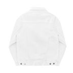 White denim trucker jacket, embroidered logo sleeve, back view.