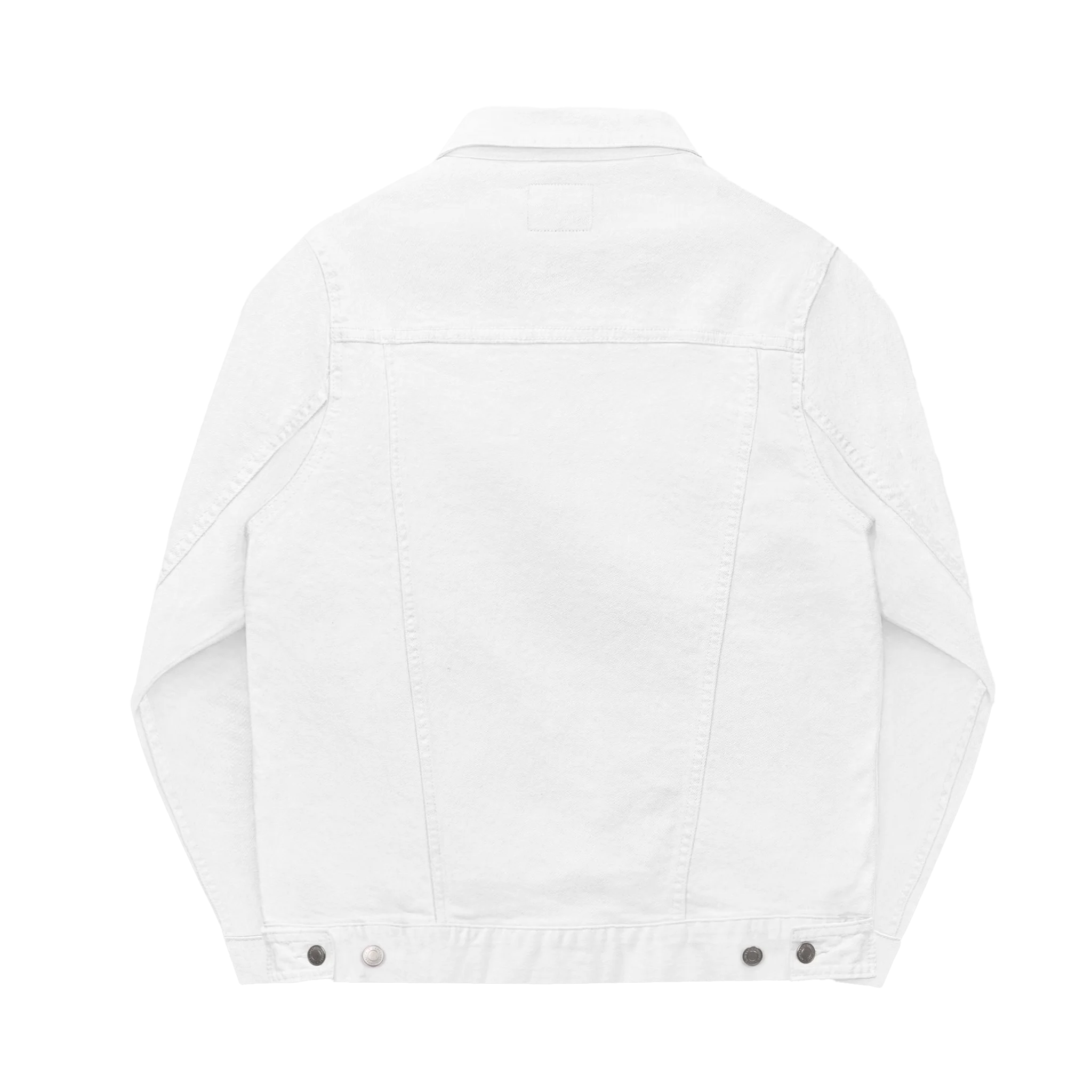 White denim trucker jacket, embroidered logo sleeve, back view.