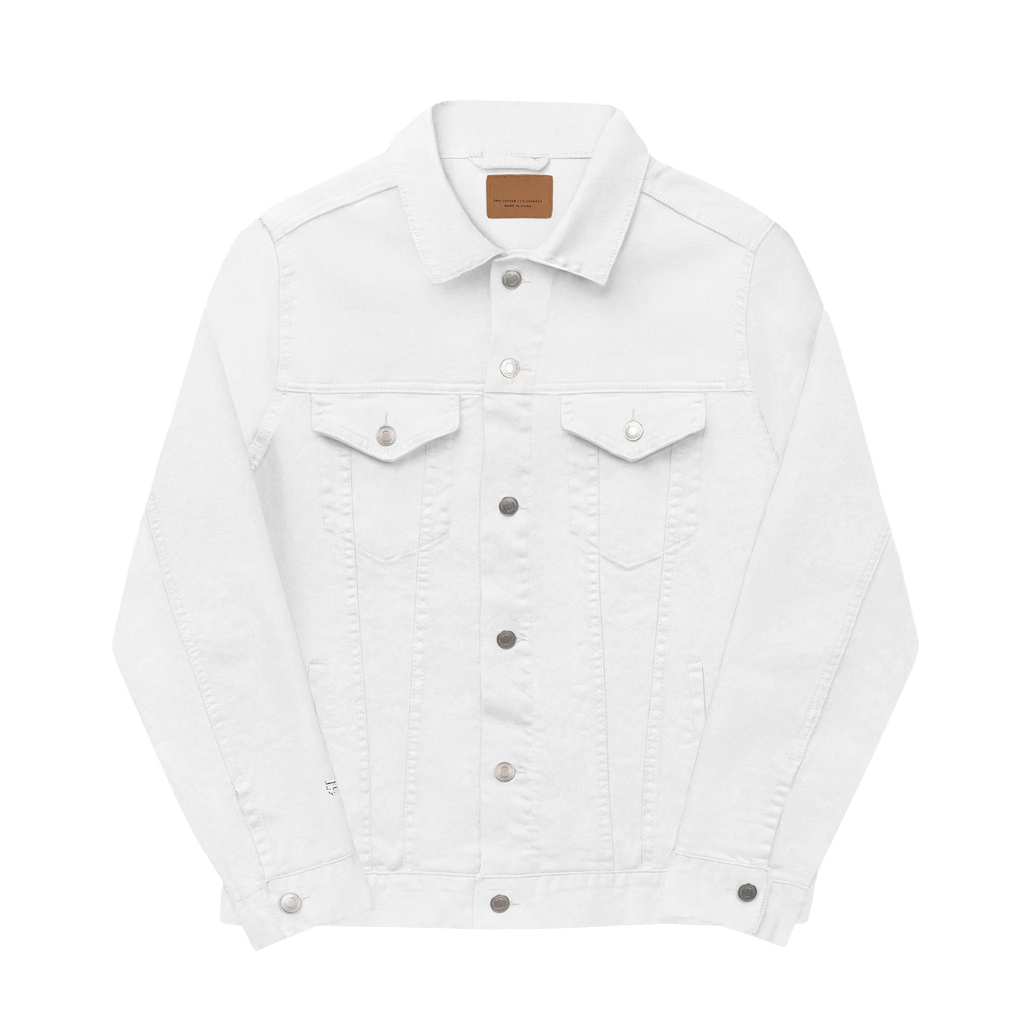 White denim trucker jacket, embroidered logo sleeve, front view.