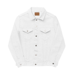 White denim trucker jacket, embroidered logo sleeve, front view.
