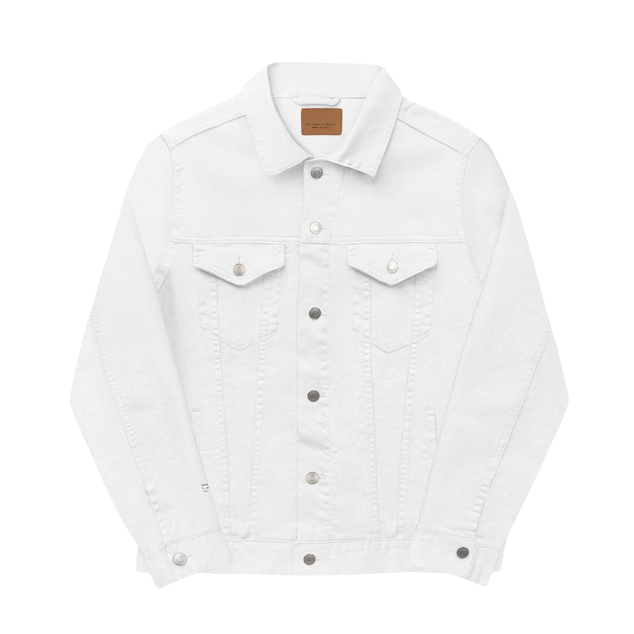 White denim trucker jacket, embroidered logo sleeve, front view.