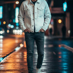 White denim trucker jacket, embroidered logo sleeve styled with blue denim jeans and white shoes, lifestyle view.