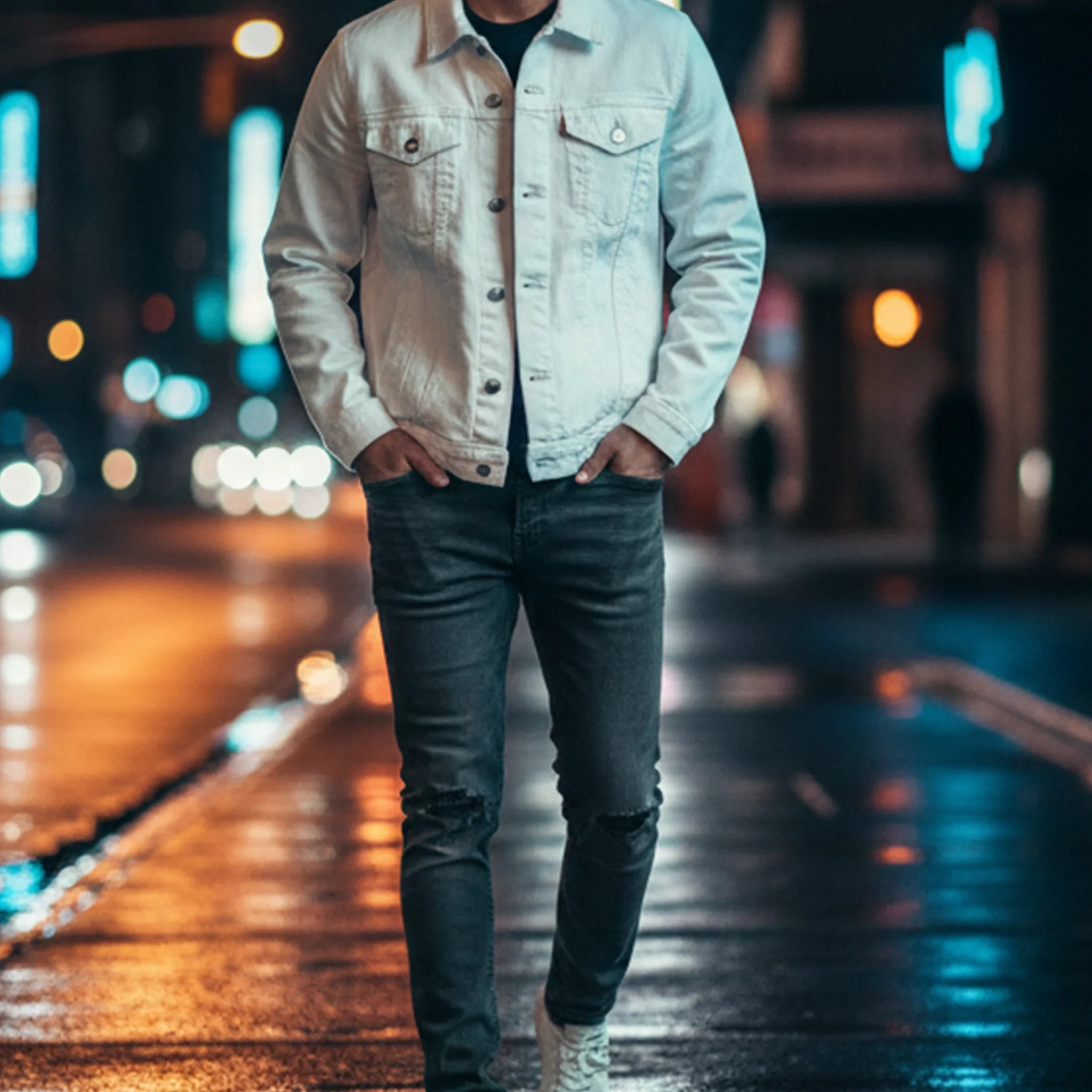 White denim trucker jacket, embroidered logo sleeve styled with blue denim jeans and white shoes, lifestyle view.
