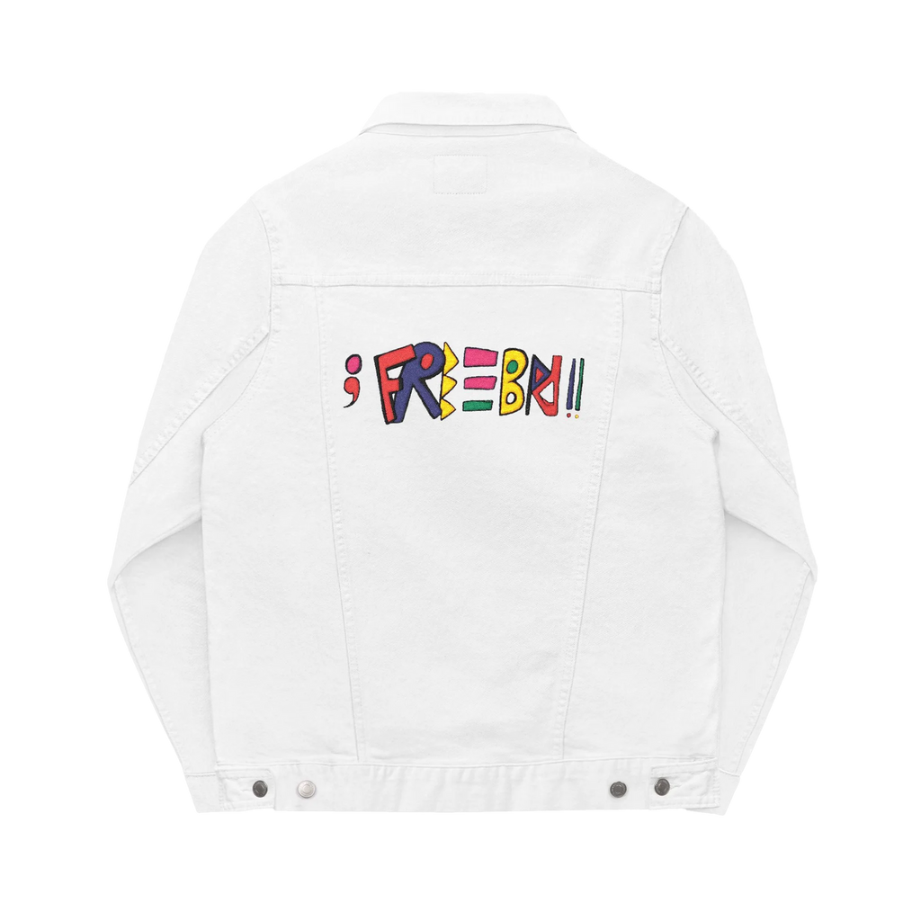White Denim trucker jacket, Freebrd retro logo embroidered, back view.