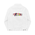 White Denim trucker jacket, Freebrd retro logo embroidered, back view.
