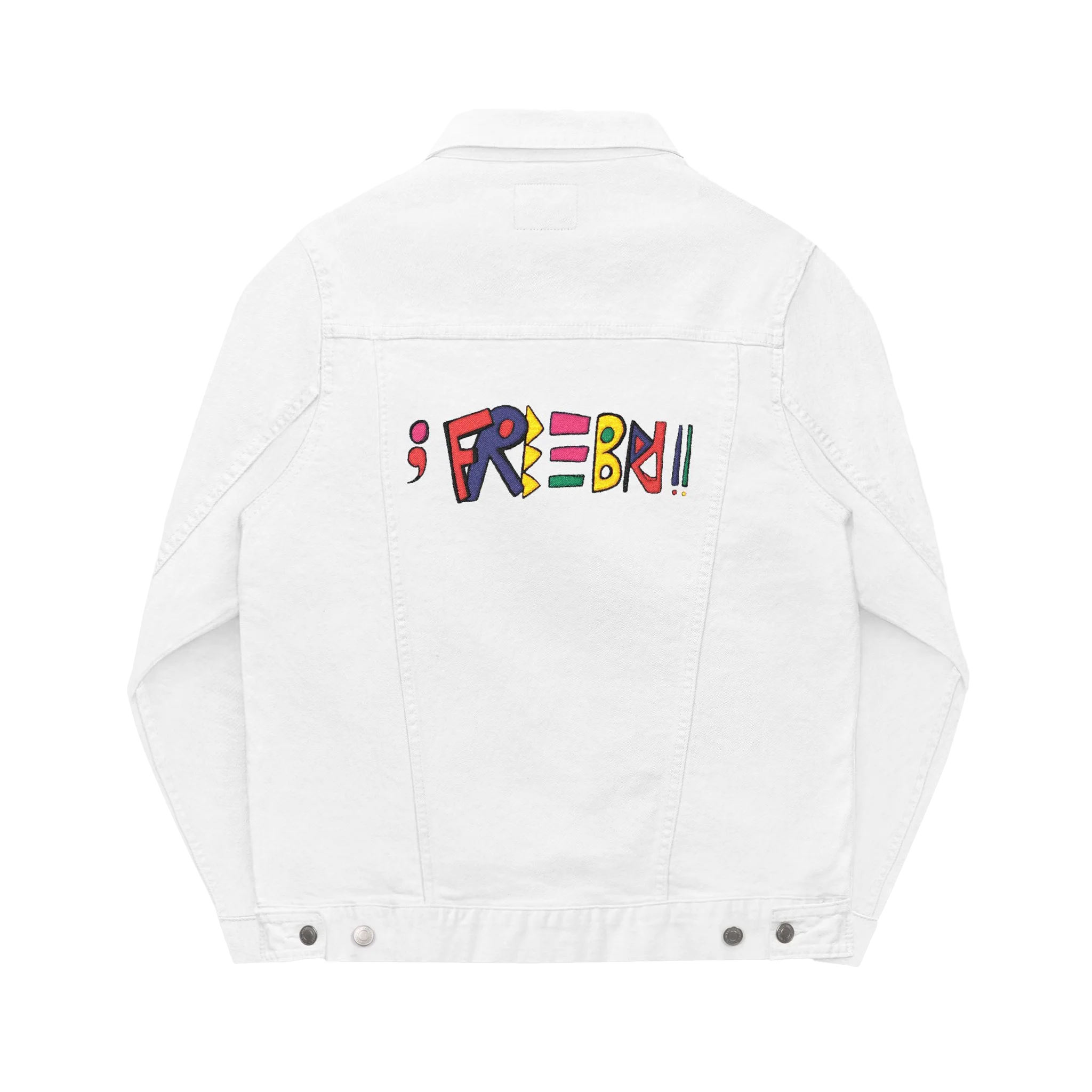 White Denim trucker jacket, Freebrd retro logo embroidered, back view.