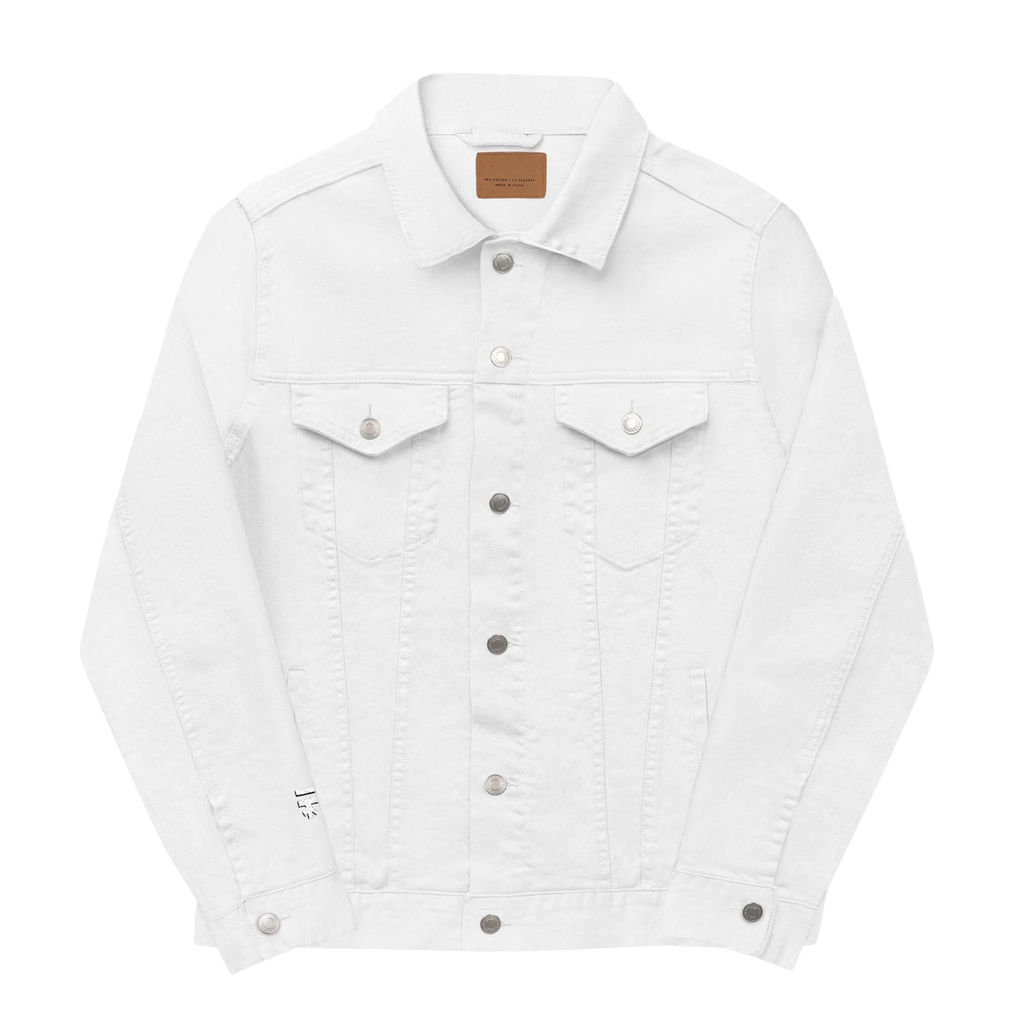 White Denim trucker jacket, Freebrd retro logo embroidered, back view.