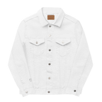 White Denim trucker jacket, Freebrd retro logo embroidered, back view.