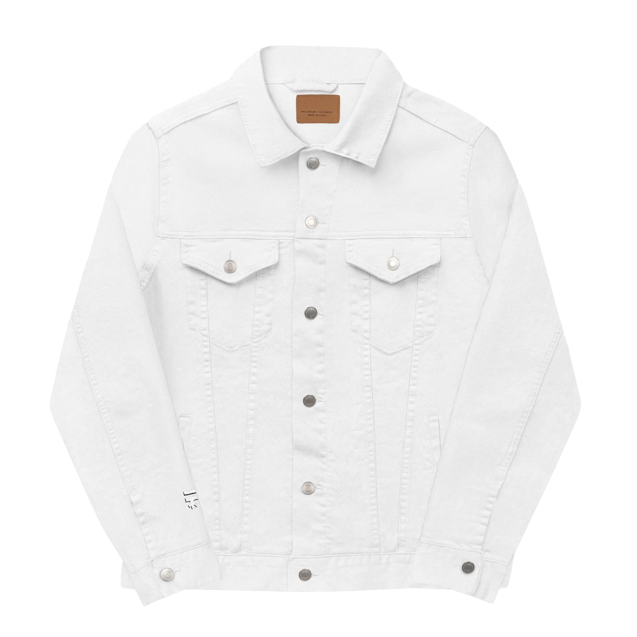 White Denim trucker jacket, Freebrd retro logo embroidered, back view.