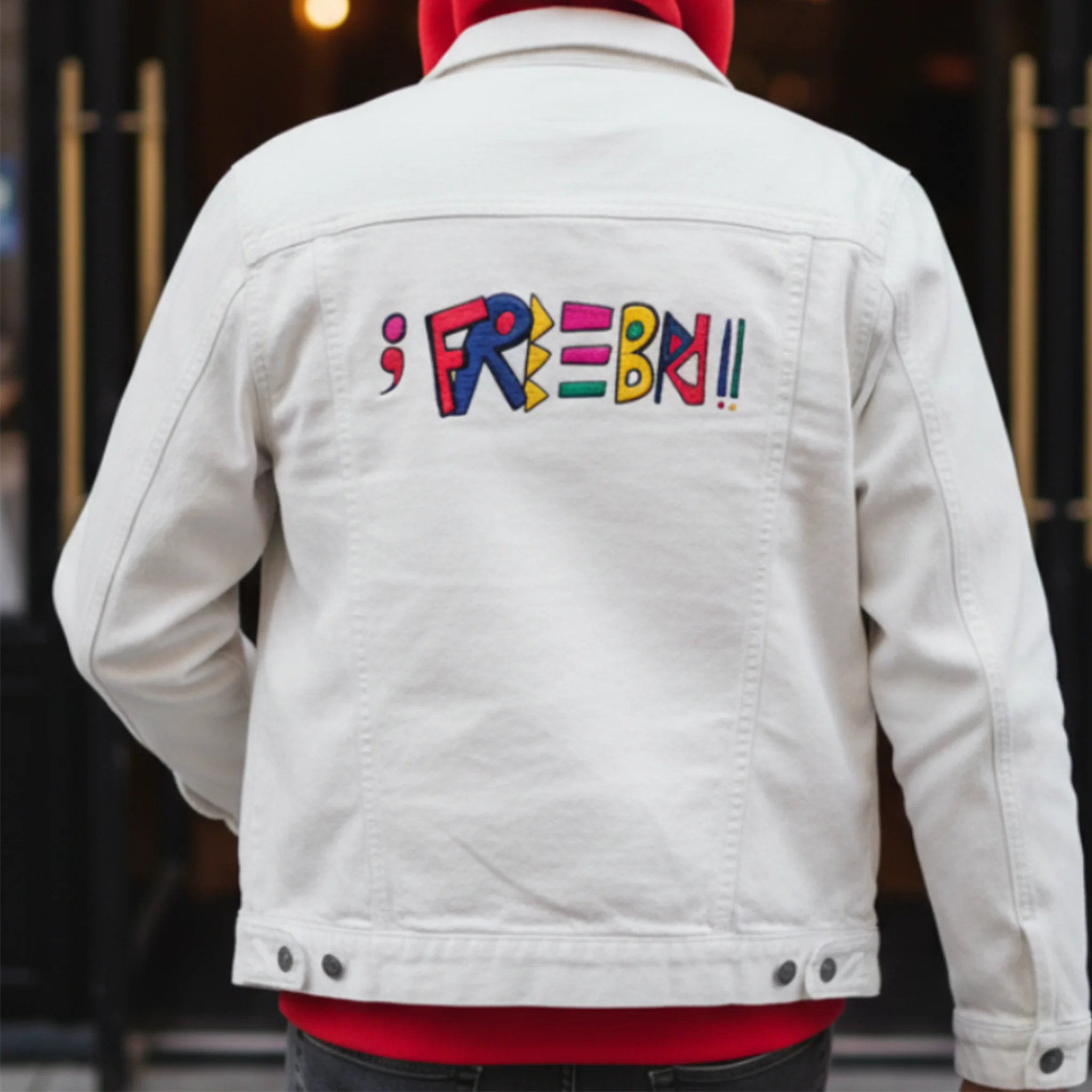 White Denim trucker jacket, Freebrd retro logo embroidered, lifestyle view.