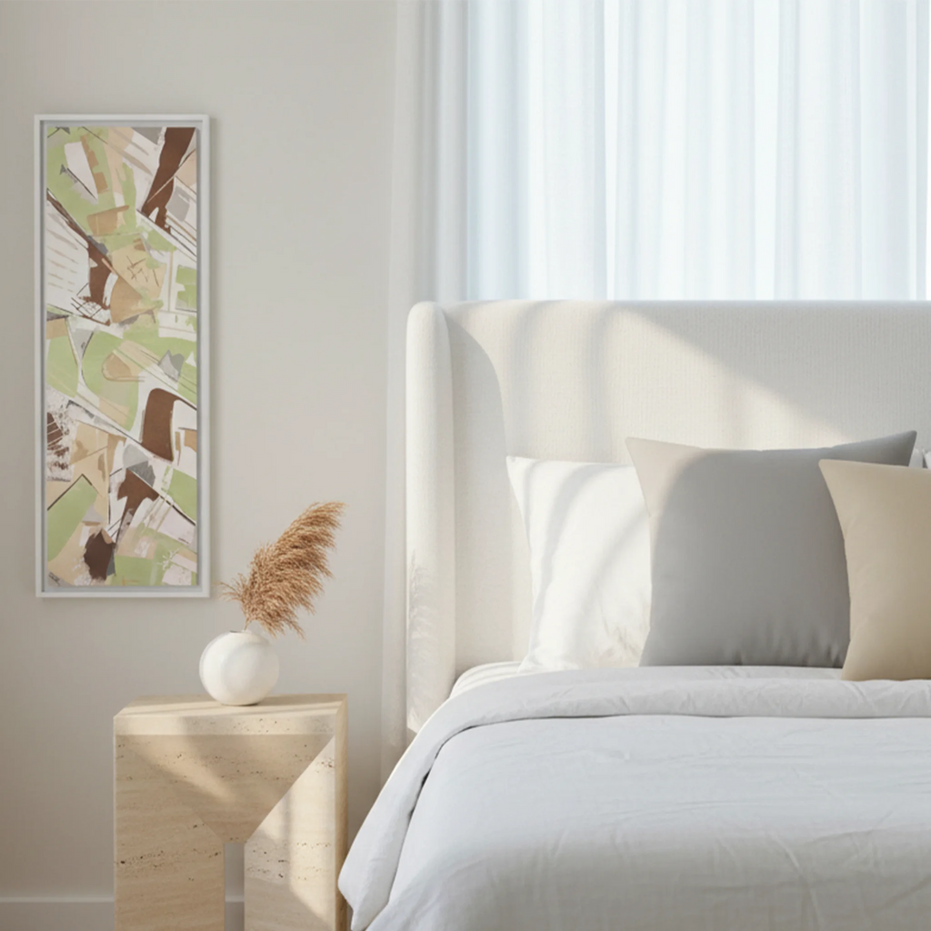 White framed sage abstract canvas with stardust grey and natural jute faux suede pillows in modern bedroom sanctuary, lifestyle bundle.