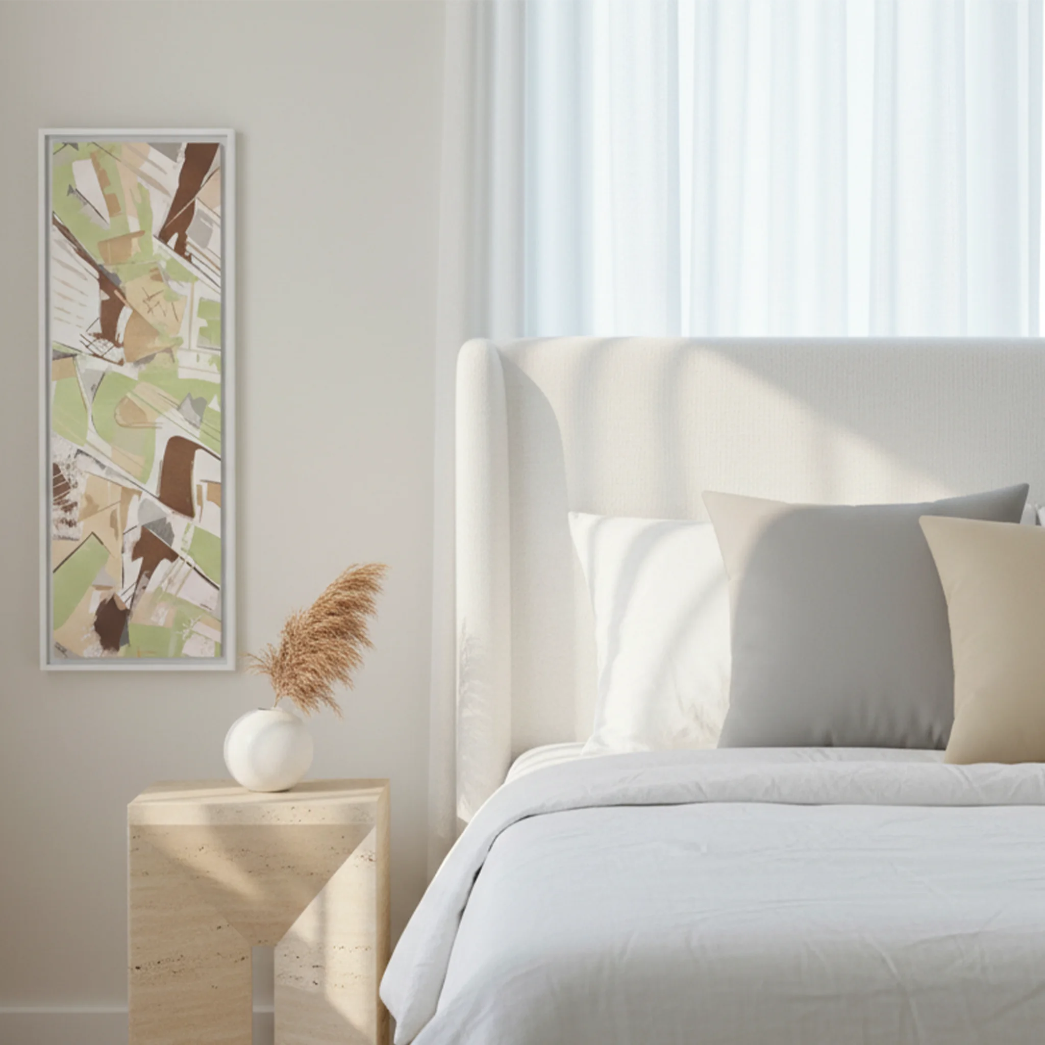 White framed sage abstract canvas with stardust grey and natural jute faux suede pillows in modern bedroom sanctuary, lifestyle bundle.