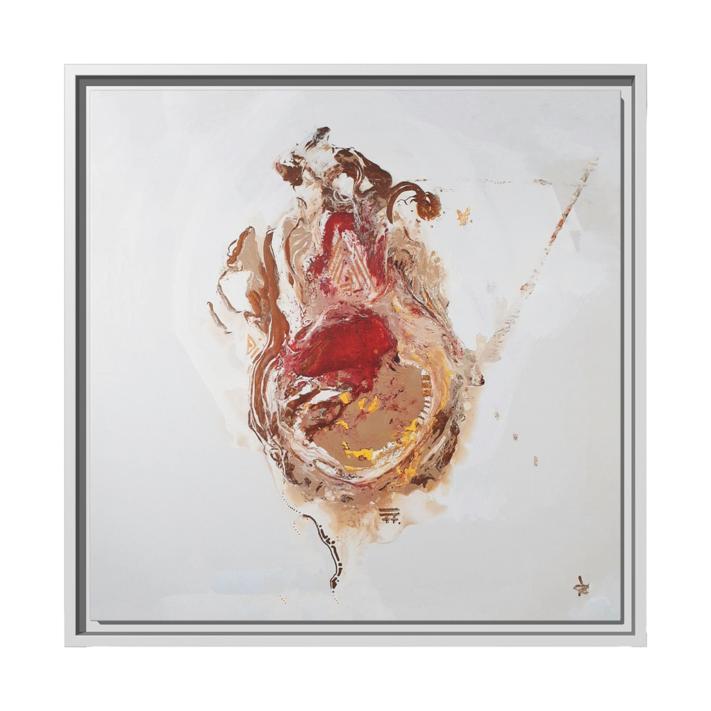  20″ x 20″ "Face Lift" Freebrd Abstract Acrylic Painting Wall Art Print of a stylized figure with a white frame and red earth tones on a light background