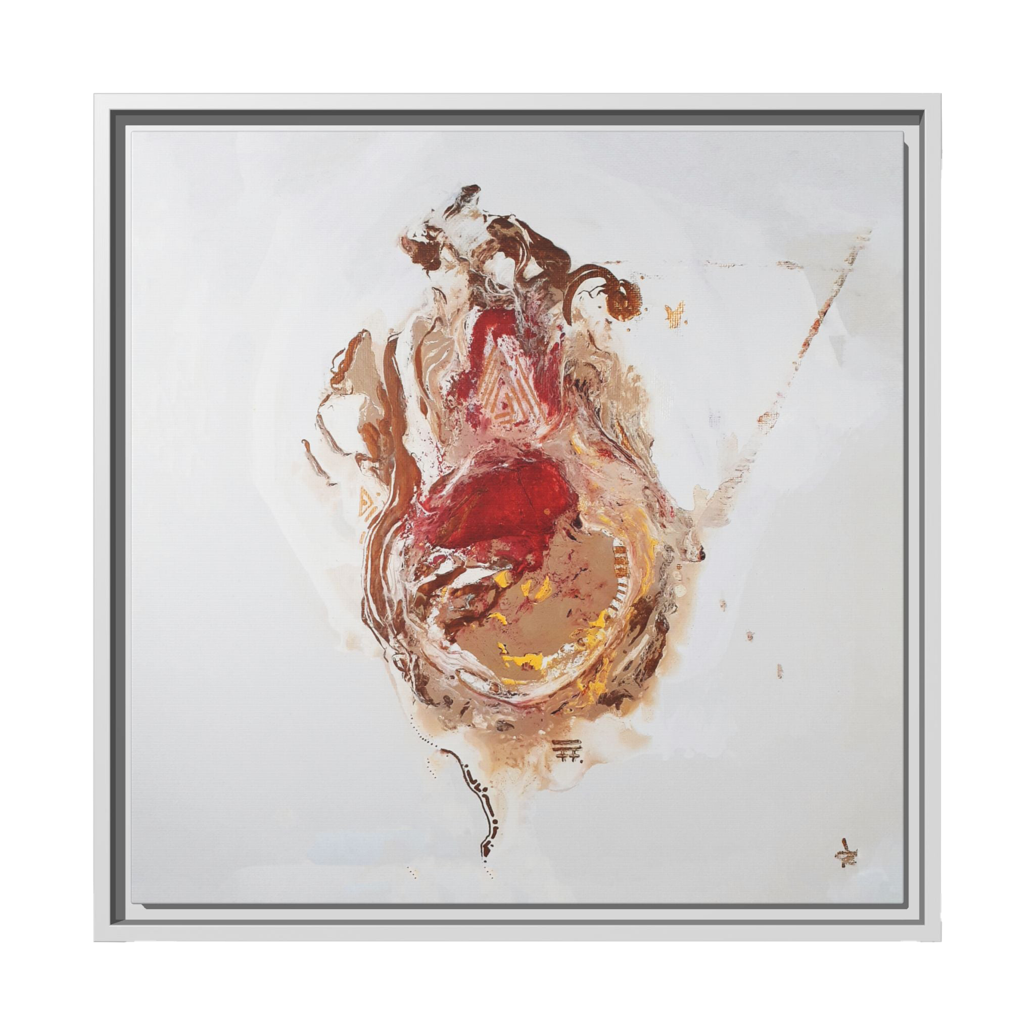  20″ x 20″ "Face Lift" Freebrd Abstract Acrylic Painting Wall Art Print of a stylized figure with a white frame and red earth tones on a light background