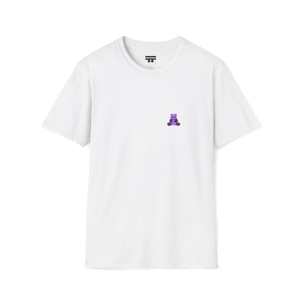 A front preview of the white glitch panda coffee t-shirt featuring a small glitch art pixel panda holding a coffee cup with a chromatic aberration effect in purple, blue, and red on the left chest.