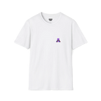 A front preview of the white glitch panda coffee t-shirt featuring a small glitch art pixel panda holding a coffee cup with a chromatic aberration effect in purple, blue, and red on the left chest.