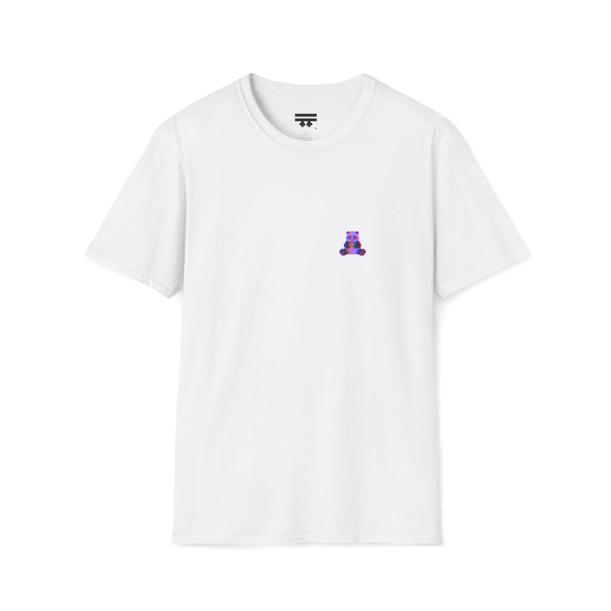 A front preview of the white glitch panda coffee t-shirt featuring a small glitch art pixel panda holding a coffee cup with a chromatic aberration effect in purple, blue, and red on the left chest.