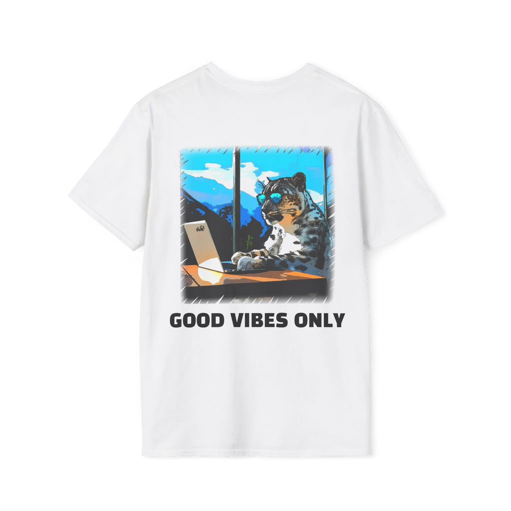 A white t-shirt featuring a snow leopard in sunglasses at a laptop graphic with black Good Vibes Only text on the back.