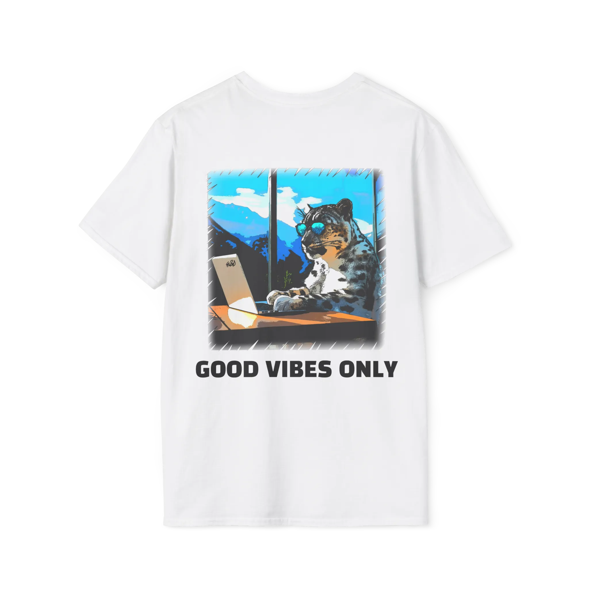 A white t-shirt featuring a snow leopard in sunglasses at a laptop graphic with black Good Vibes Only text on the back.