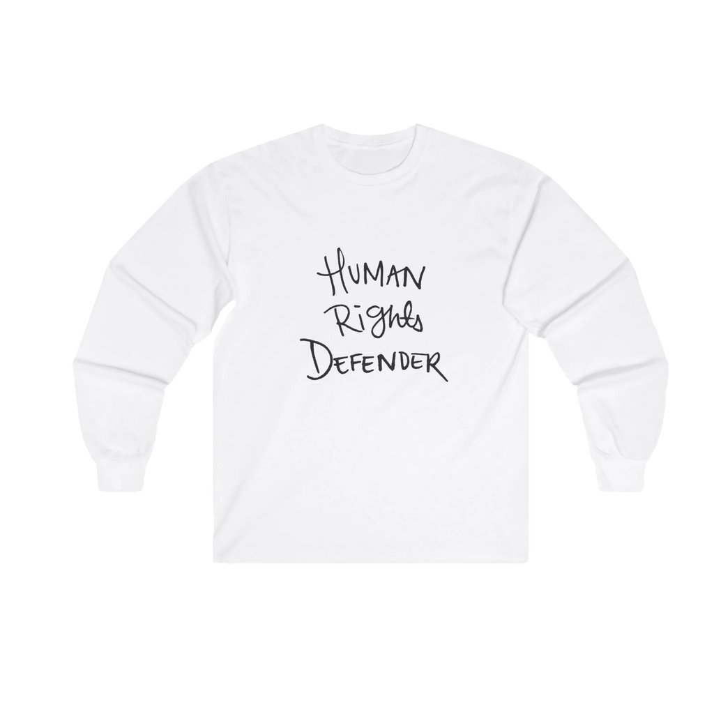 White Human Rights Defender long sleeve tee, front view.