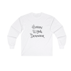 White Human Rights Defender long sleeve tee, front view.