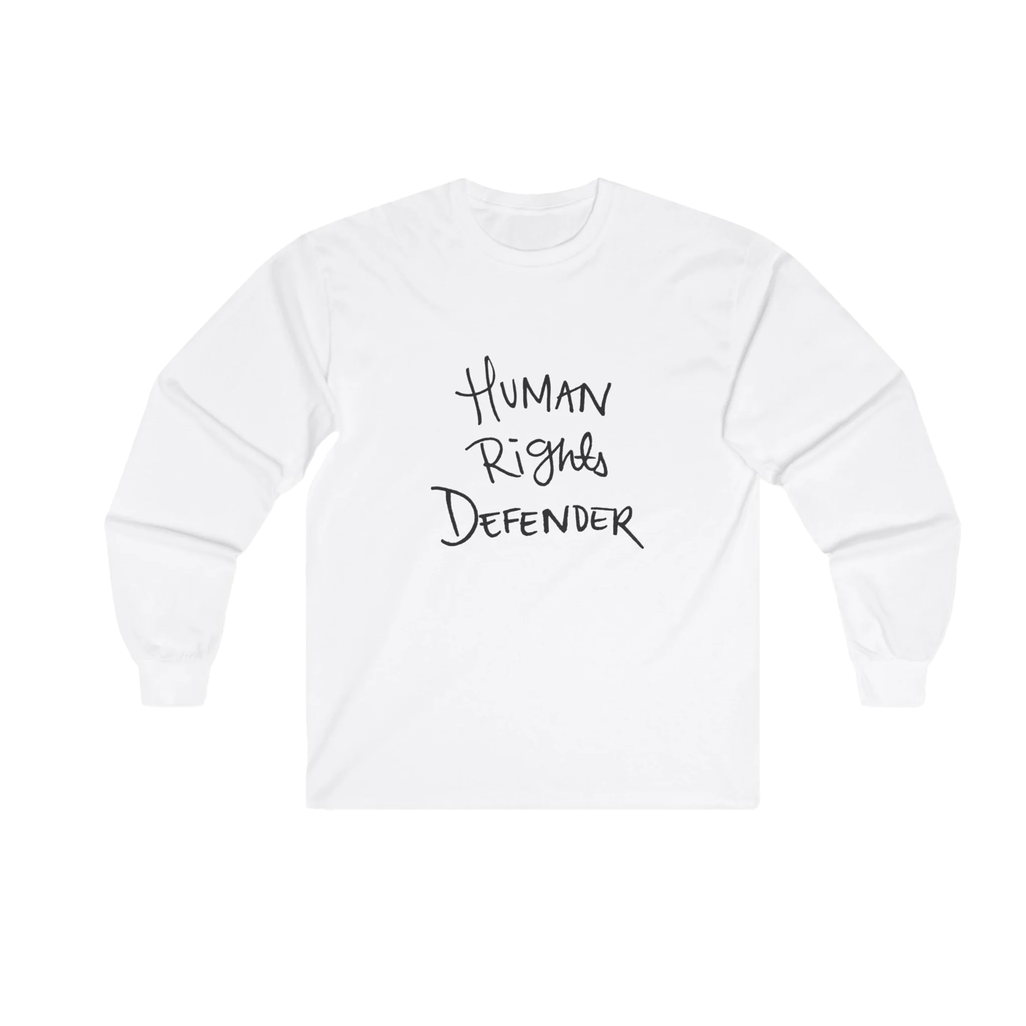White Human Rights Defender long sleeve tee, front view.
