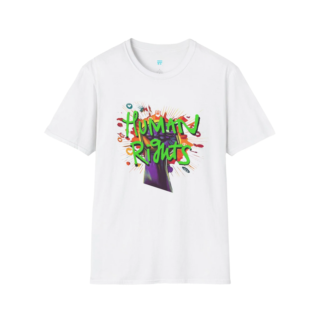 A white t-shirt with a graffiti-style 'Human Rights' graphic featuring a purple fist and 'human rights' in lime green with a black shadow.