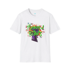 A white t-shirt with a graffiti-style 'Human Rights' graphic featuring a purple fist and 'human rights' in lime green with a black shadow.