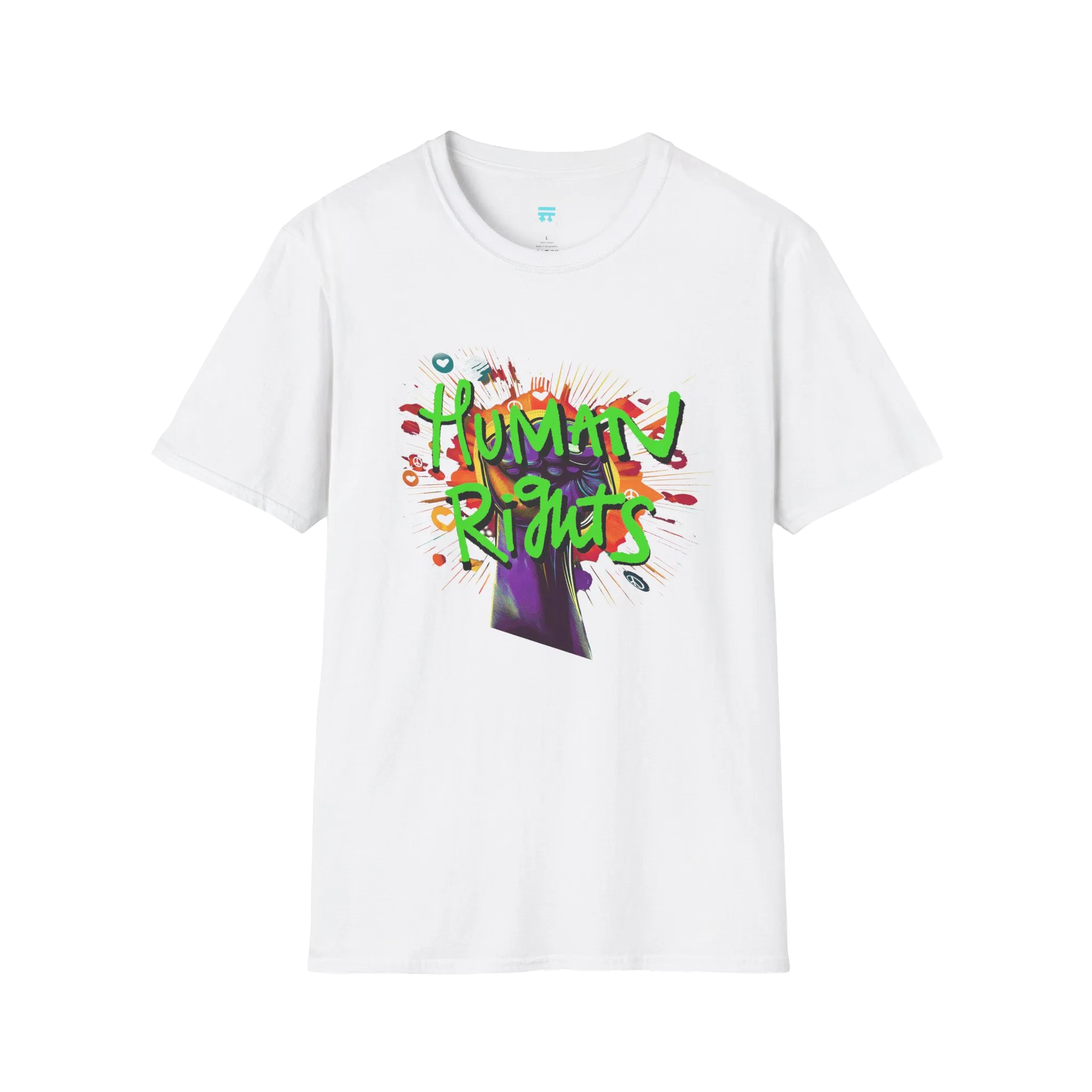 A white t-shirt with a graffiti-style 'Human Rights' graphic featuring a purple fist and 'human rights' in lime green with a black shadow.
