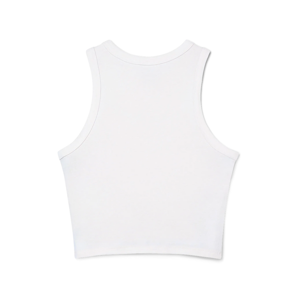 The back of a white cropped racerback tank top with a clean racerback cut.