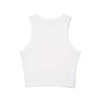 The back of a white cropped racerback tank top with a clean racerback cut.