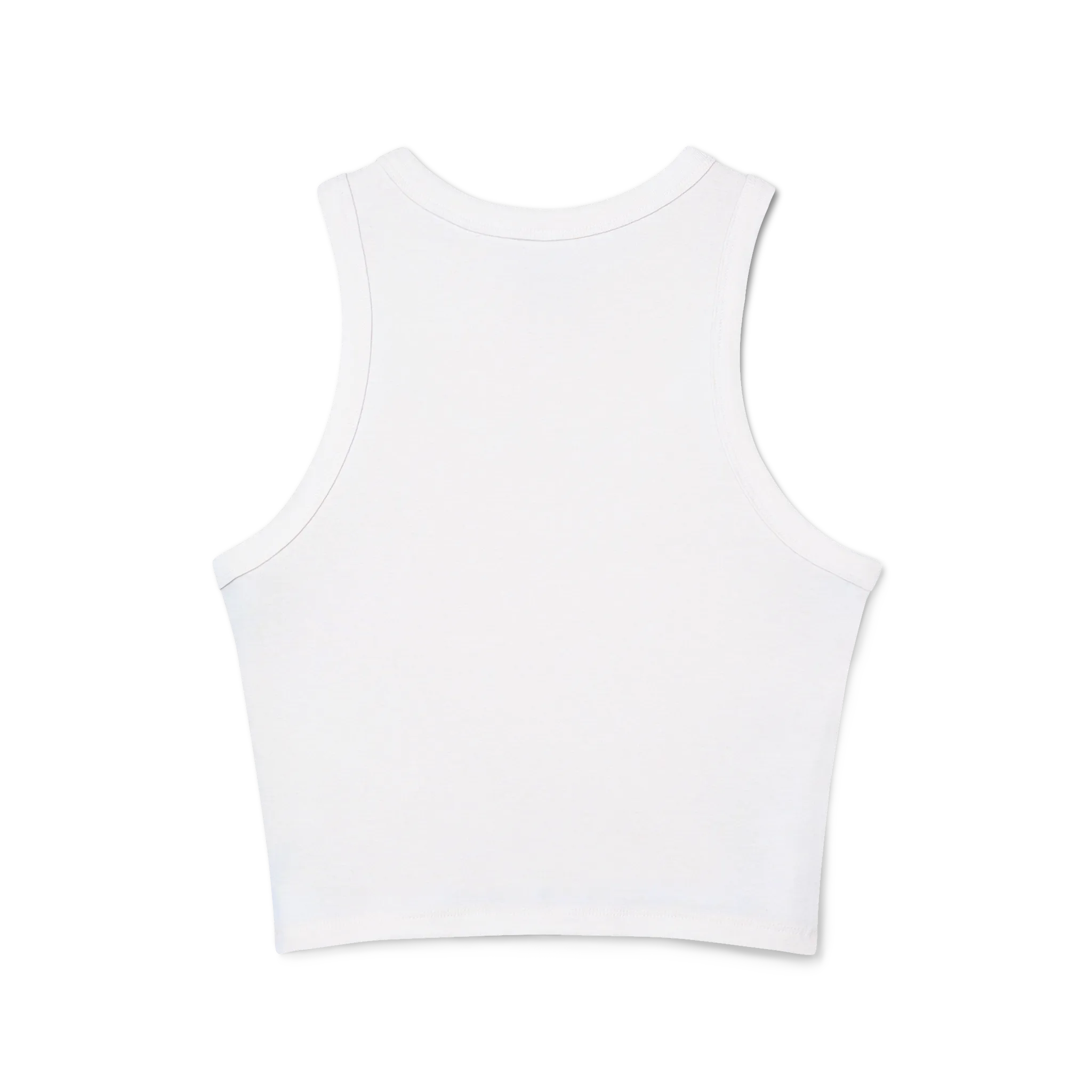 The back of a white cropped racerback tank top with a clean racerback cut.