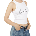 A model wearing a white cropped Live On racerback tank top paired with high-waisted denim.