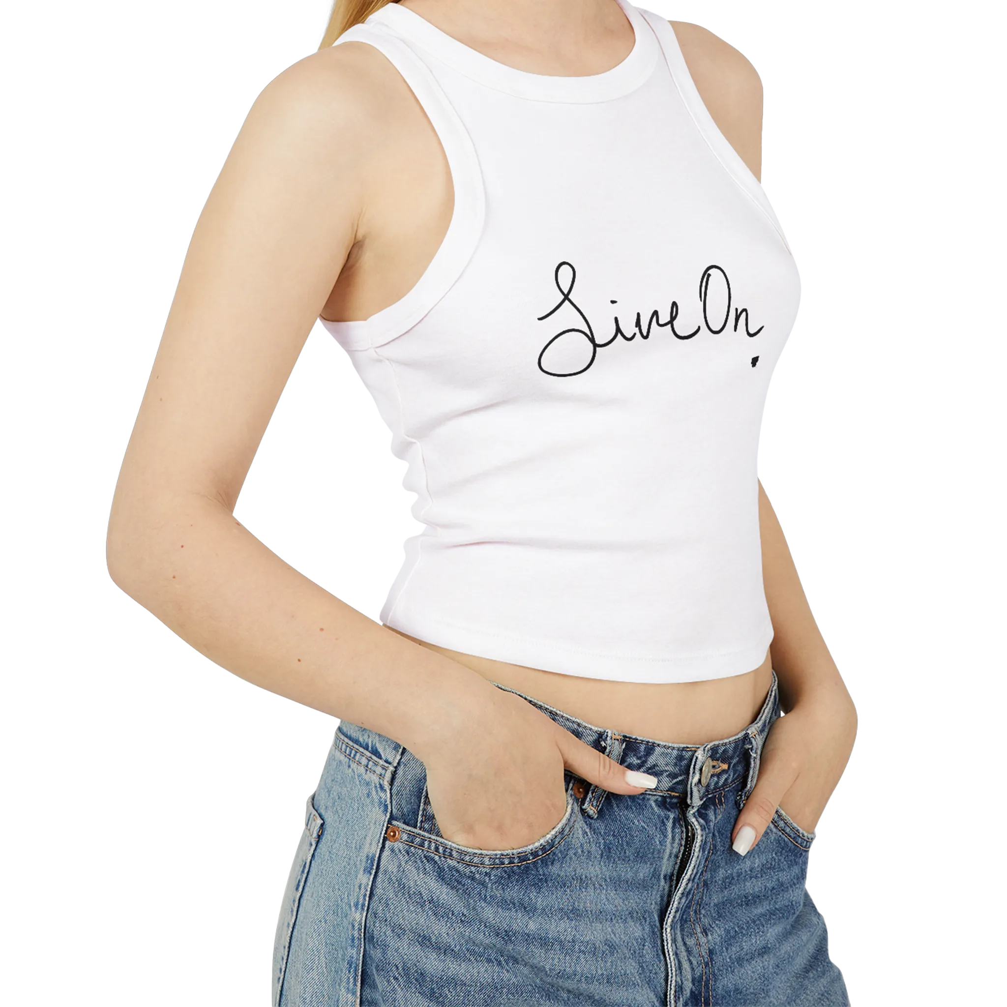 A model wearing a white cropped Live On racerback tank top paired with high-waisted denim.
