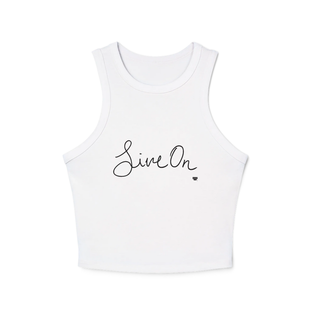A white cropped racerback tank top with a black cursive Live On script graphic on the chest.