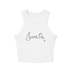 A white cropped racerback tank top with a black cursive Live On script graphic on the chest.