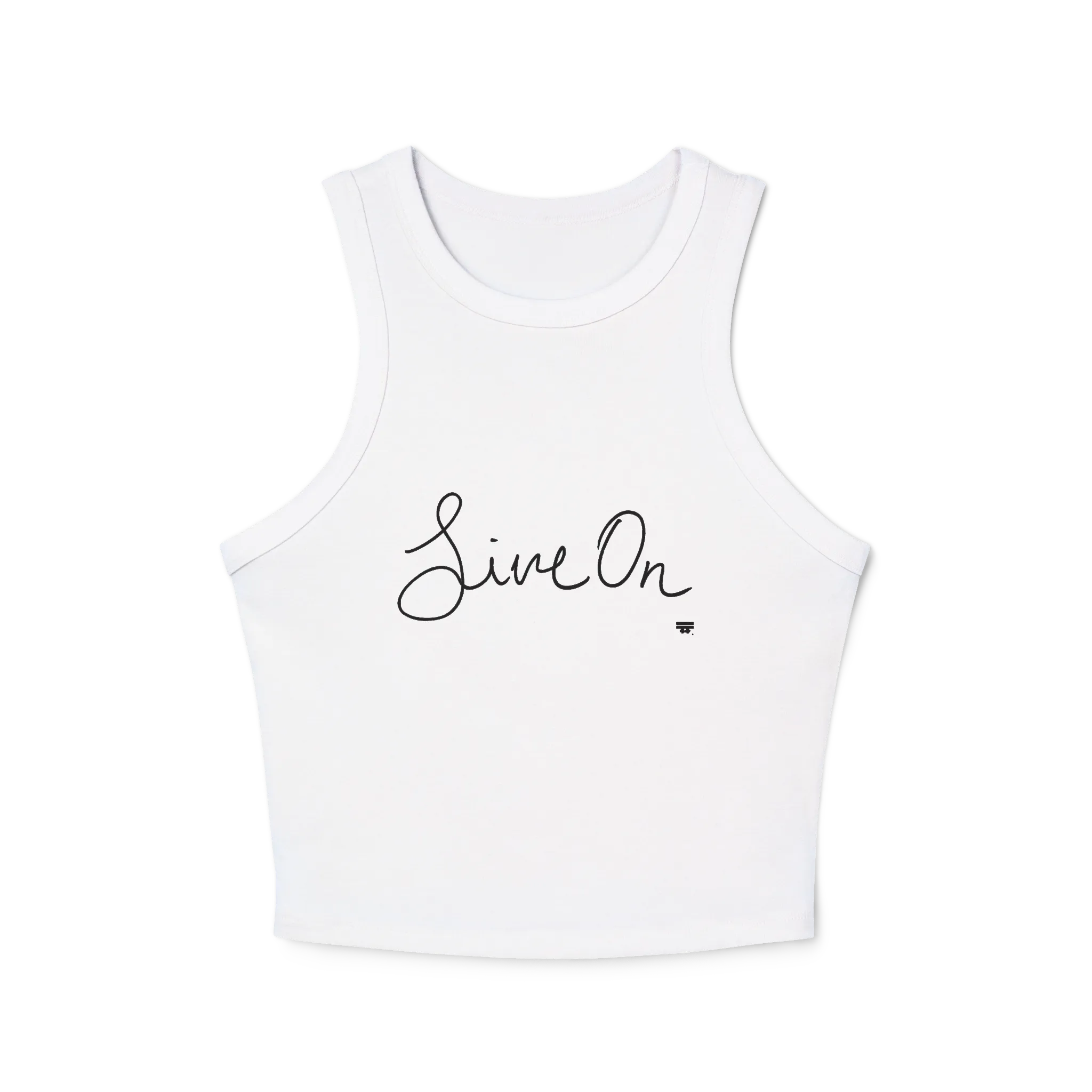 A white cropped racerback tank top with a black cursive Live On script graphic on the chest.