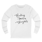 White Bella Thinking Positive Thoughts long sleeve tee, handwritten graphic, crew neck, front view.