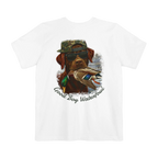 A white t-shirt featuring the Good Boy Waterfowl graphic of a chocolate Labrador wearing sunglasses and a camo snapback, holding a mallard duck, with a watercolor outdoor scene and 'Good Boy Waterfowl' script below.